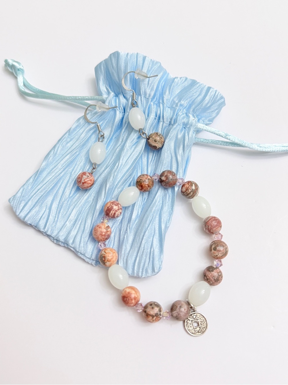 Stone & White Bead Bracelet & Earrings Jewelry Set